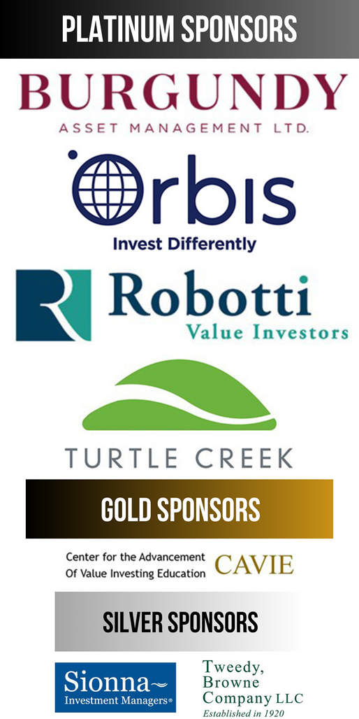 A group of sponsor logos including Burgundy, Orbis, Robotti, Turtle Creek, CAVIE, Sionna, and Tweedy, Browne Company