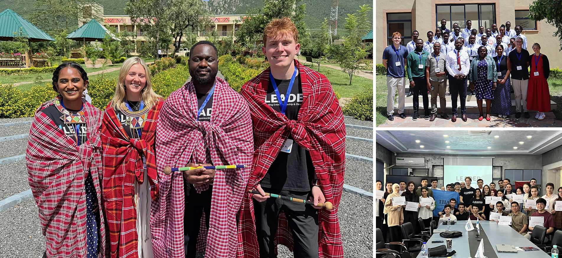 (Photo on left) HBA ’27 candidate Abhi Ravipati; Maggie Kortekaas and Daniel Ebitunmise, both MBA ’26; and Johnny Beaton, HBA ’26, in Kenya; (Photos on right)  participants in Kenya; the final pitch day competition in Tashkent, Uzbekistan.