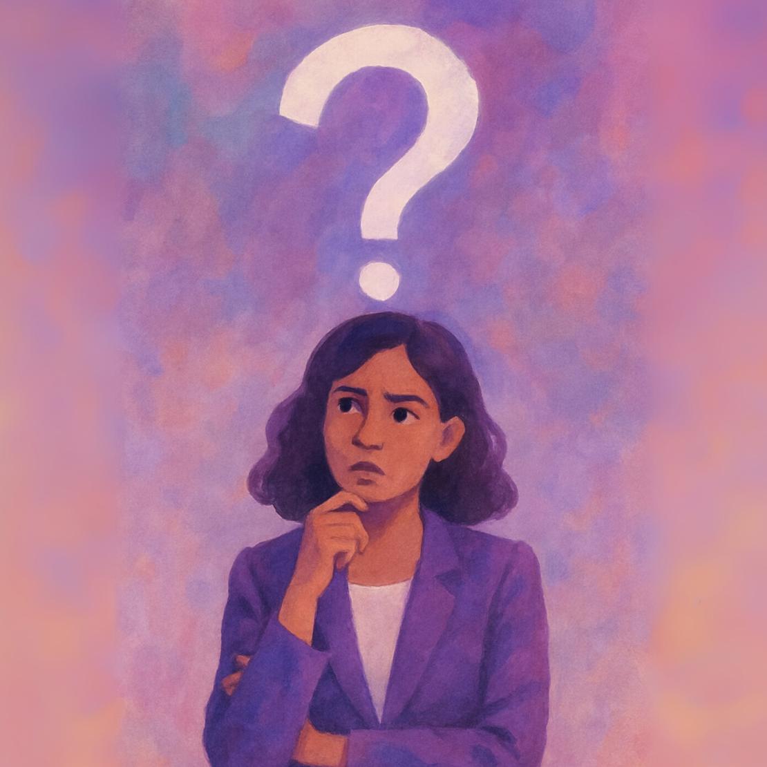 Businesswoman with a question mark above head