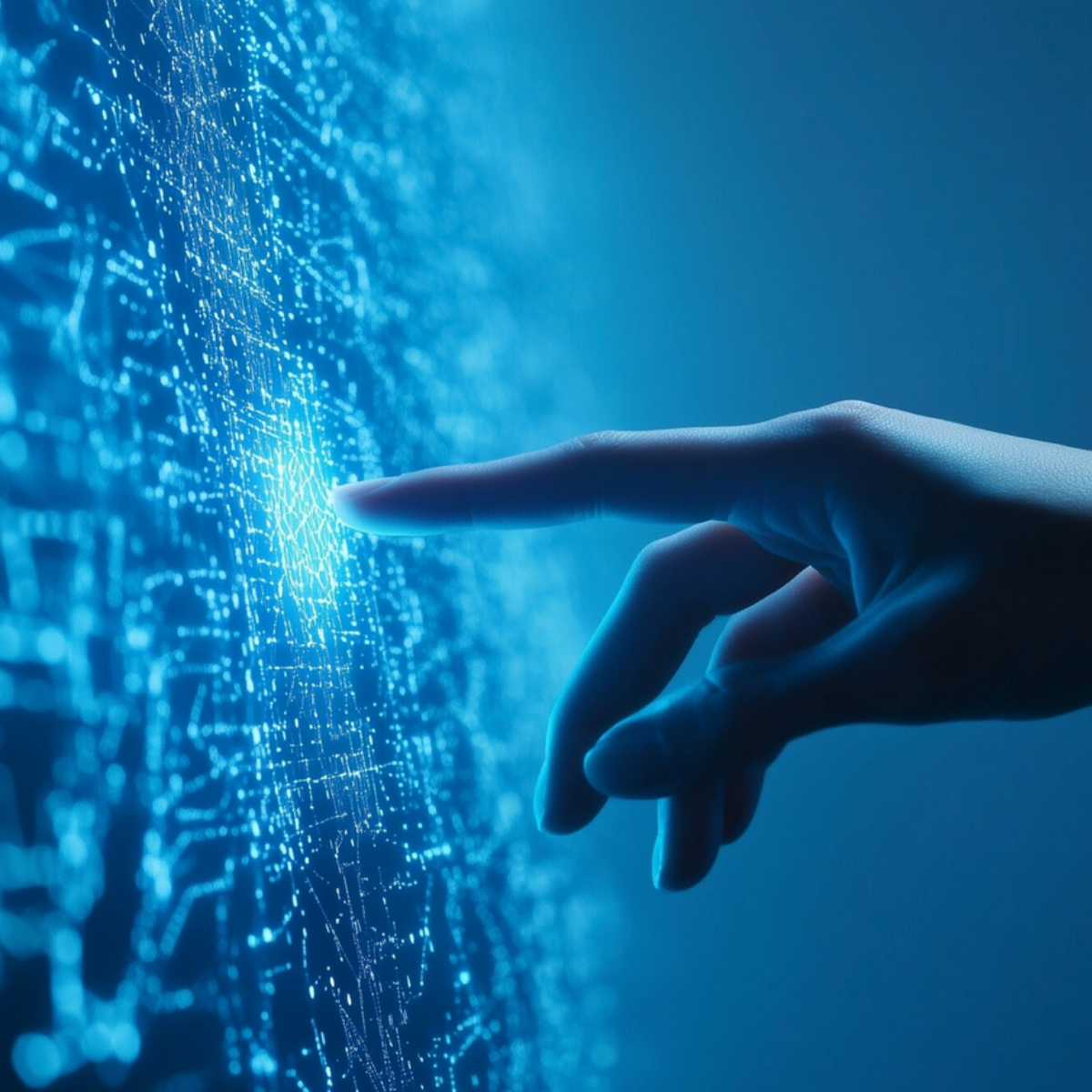 Close Up Of A Hand Interacting With A Glowing Blue Digital Network Or Data Interface