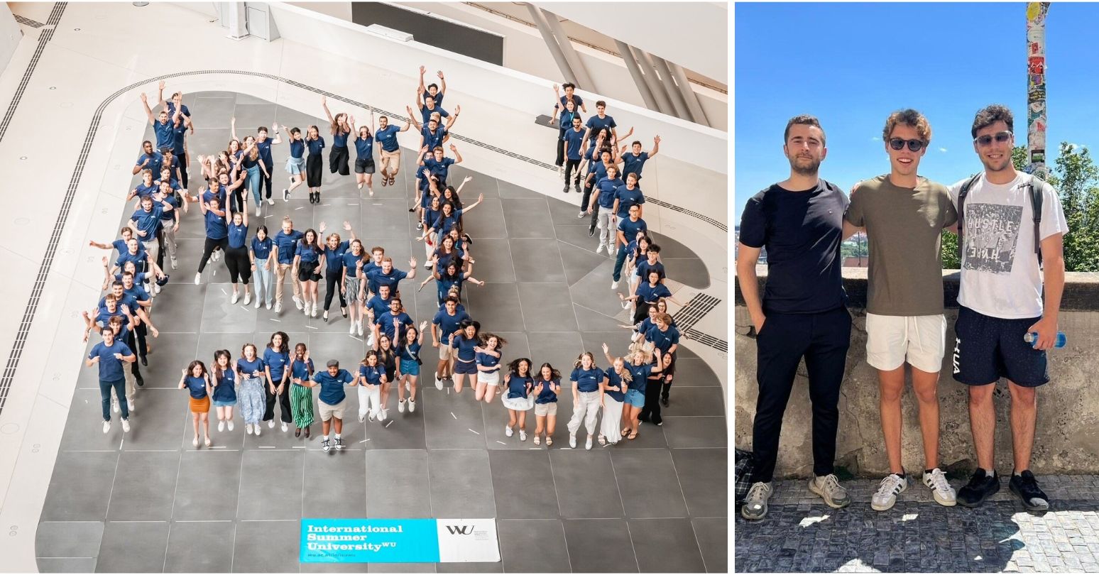 Photo on left: The International Summer University group, Photo on right: Sam Coleman-Shapiro (far right) with other students in Vienna