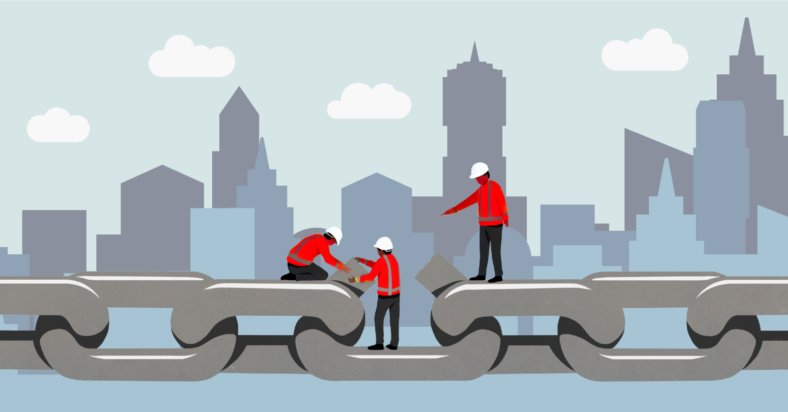 Construction Workers Fixing Broken Weak Link On Chain