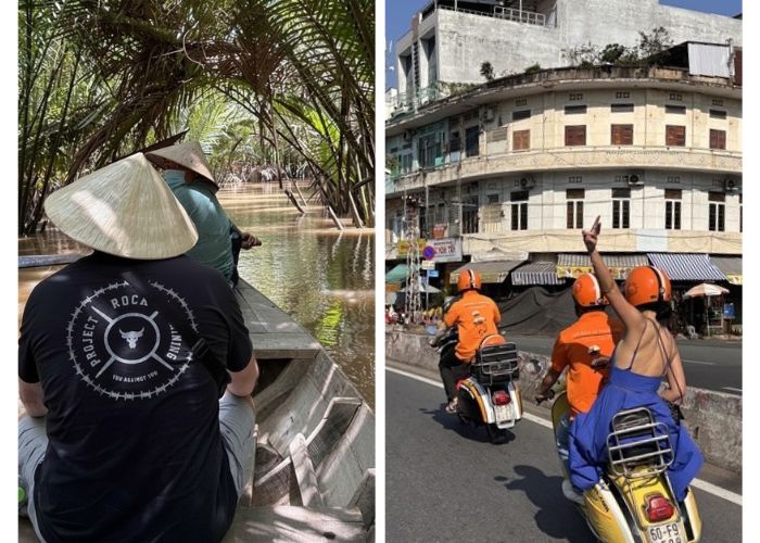 Left: EMBA participants exploringthe Mekong Delta, Right: Emman Price and fellow classmates touring Ho Chi Minh City by Vespa