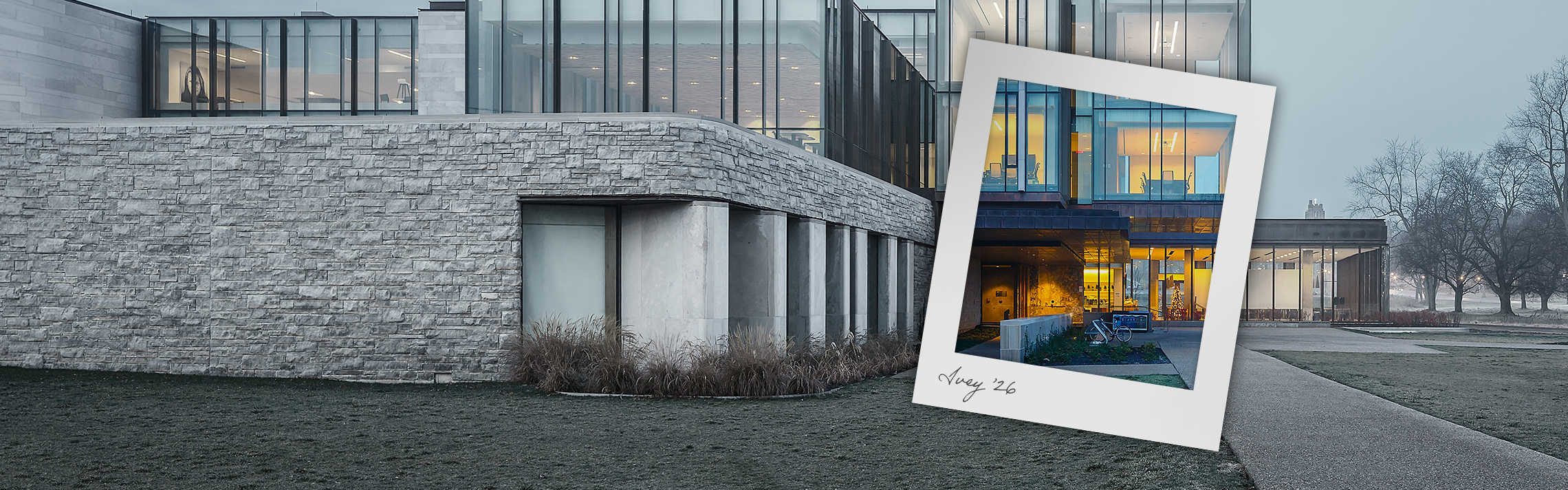 An exterior shot of the Ivey Business School with a polaroid photo over top.