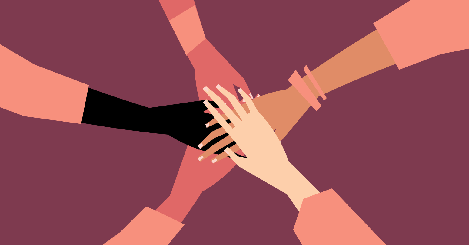 Five Sets Of Hands Overlap One Another In Support Header