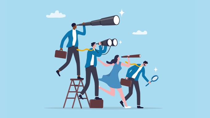 Horizontal Graphic Four Individuals Hold Various Binoculars Searching Into The Distance