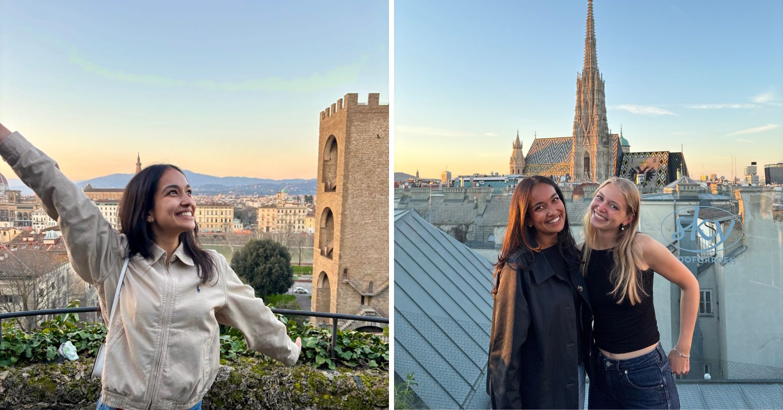 (Photo on left) Kanica Thakur in Vienna, (photo on right) Kanica, left, with a friend