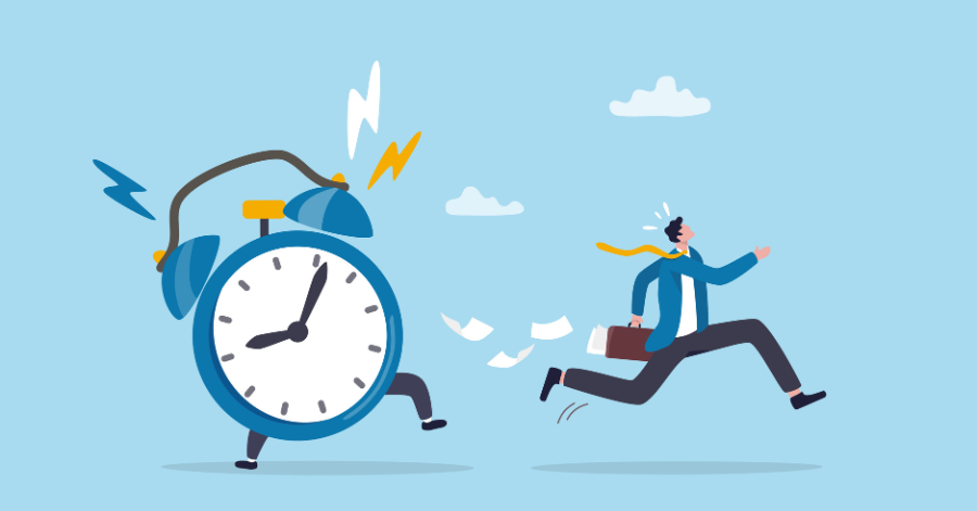 Landscape Illustration Of A Businessperson Running Away From A Large Ringing Alarm Clock