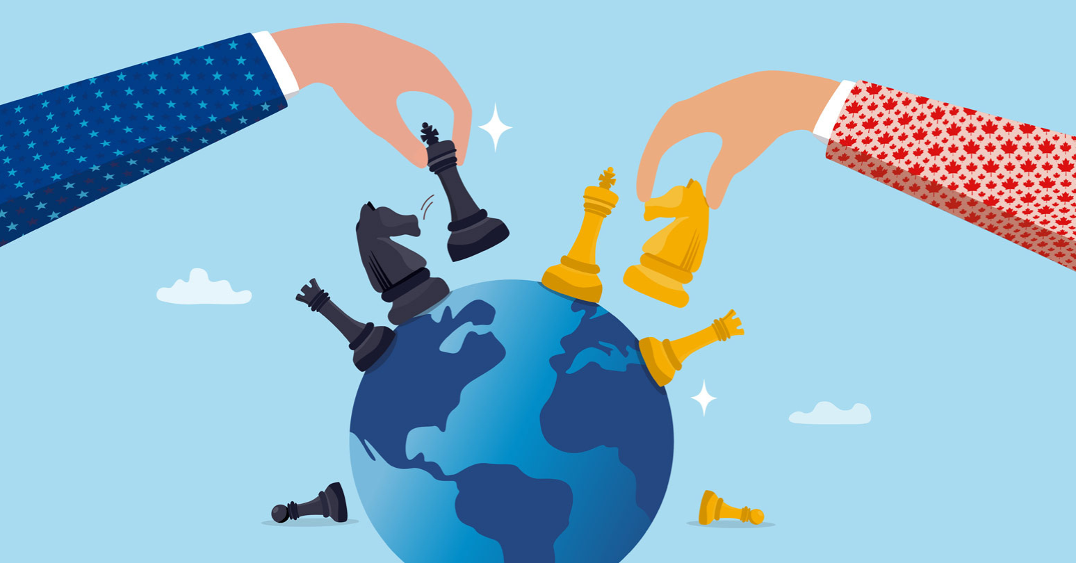 Graphic Of Two Arms, Representing The U.S. And Canada, Playing Chess On The World