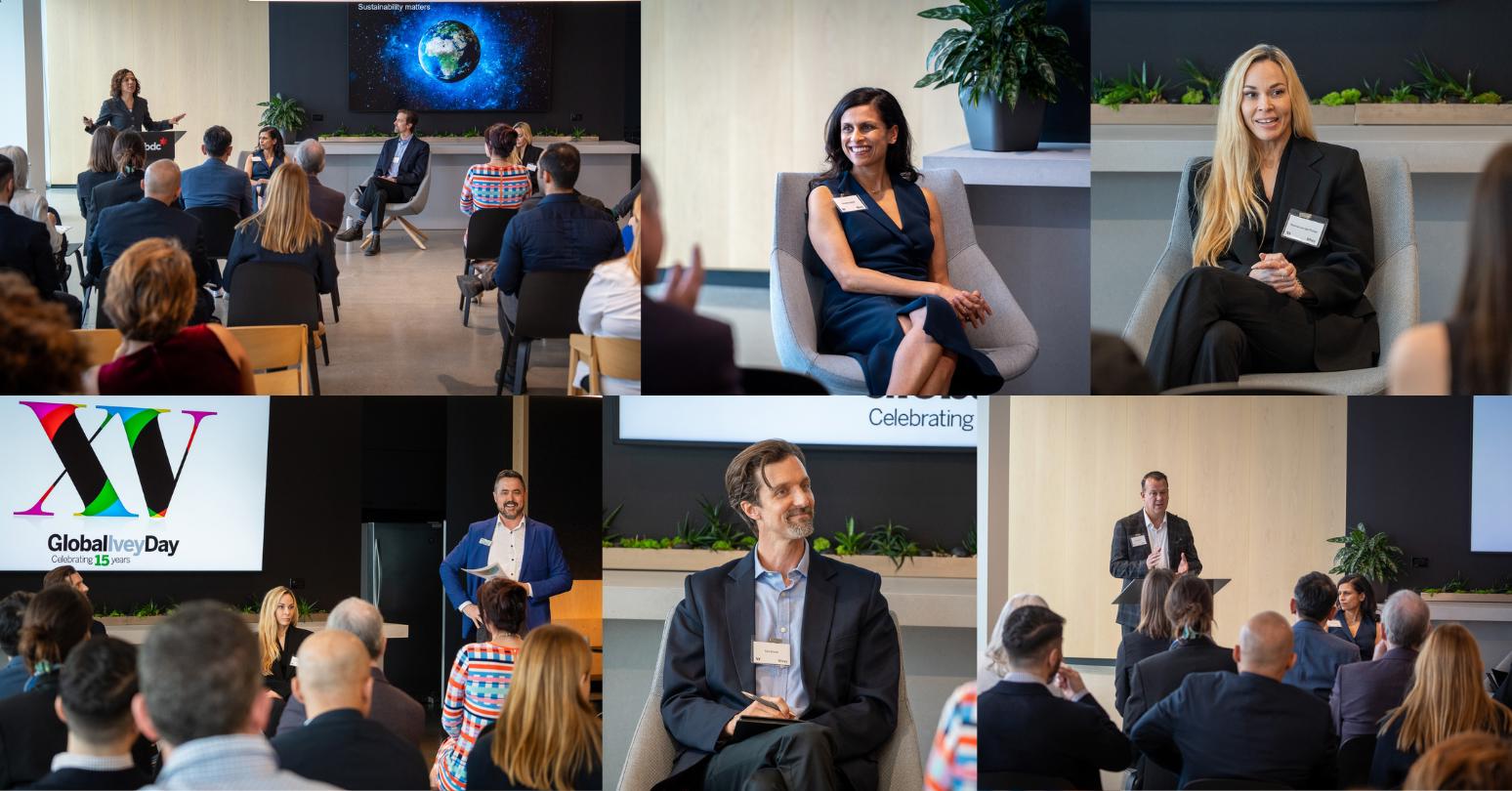 Photo collage from the 2024 Global Ivey Day event including networking and panelists