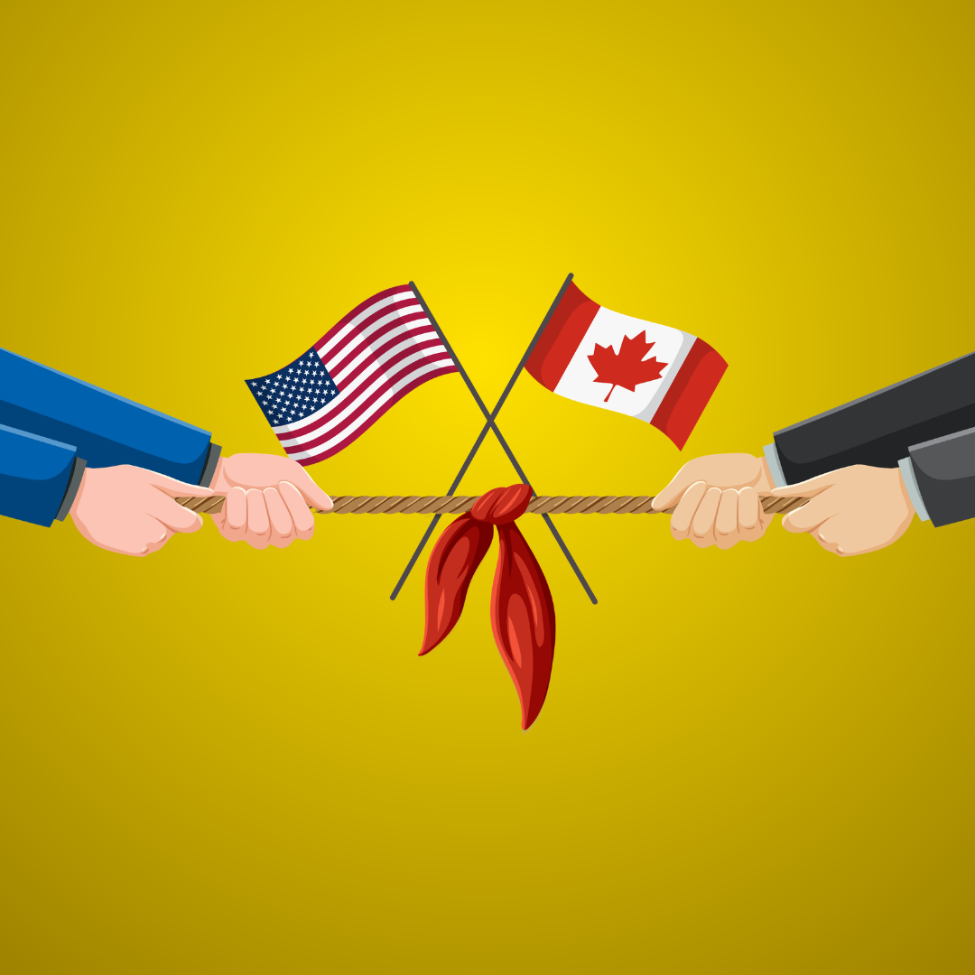 Illustration Of U.S. And Canadian Flags Above Two Hands Pulling On Opposite Ends Of A Rope Tied With A Red Ribbon