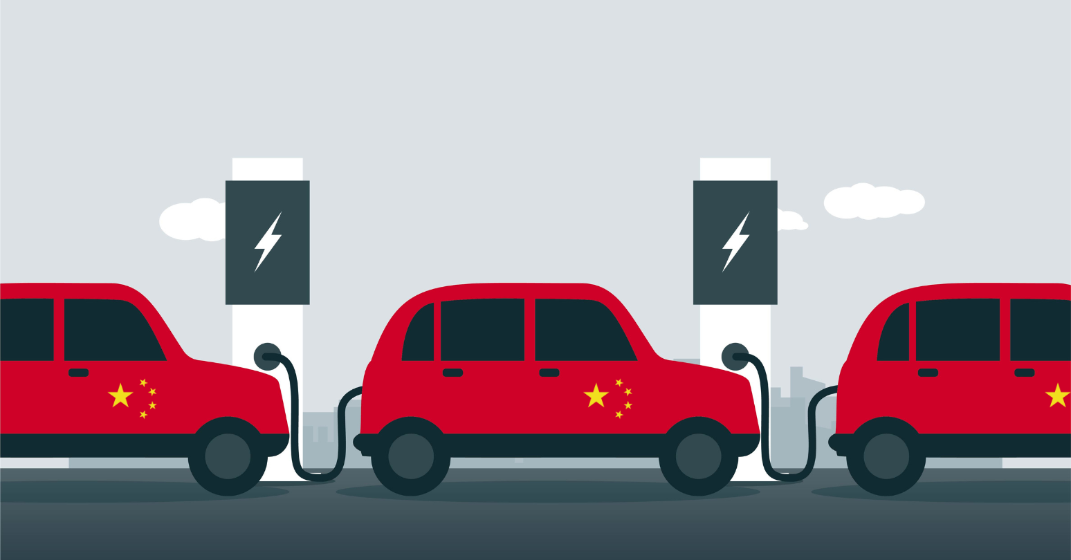 Illustration Of Red Electric Cars With Chinese Flags Charging At EV Stations