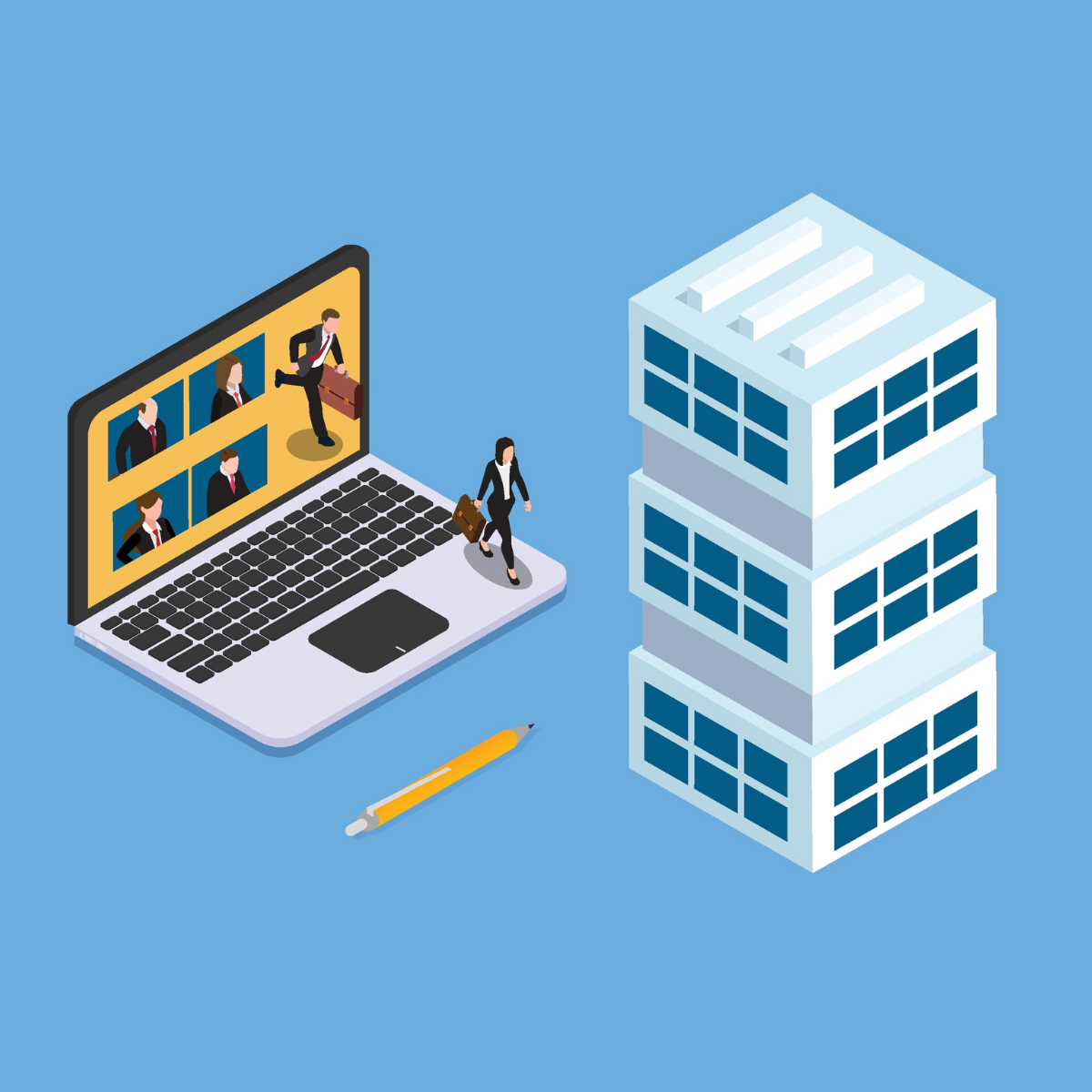 Illustration Of Laptop Showing A Virtual Meeting Beside An Office Building
