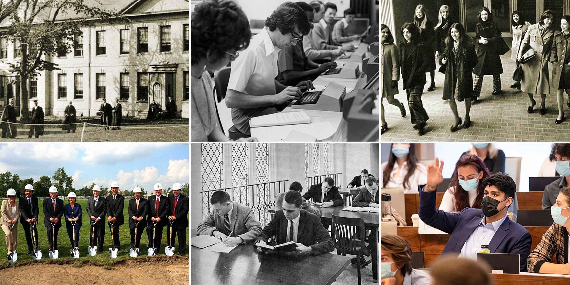 Top, l-r: First home of Commercial Economics, PhD students, women students in the 1970s; Bottom, l-r: Ivey building groundbreaking ceremony, Ivey’s old library, students during the pandemic