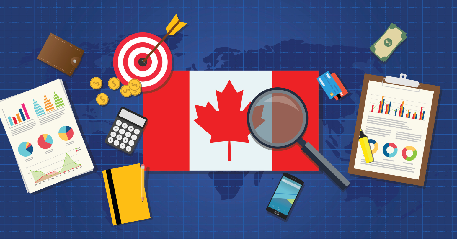 Graphic Canadian Flag With A Variety Of Investment Natured Objects Surrounding