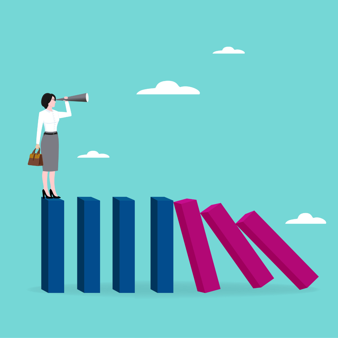 Illustration Of A Business Leader Looking Through A Telescope From A Row Of Upright Dominoes Toward A Series Of Falling Dominoes, Representing The Importance Of Anticipating Future Disruptions (1)