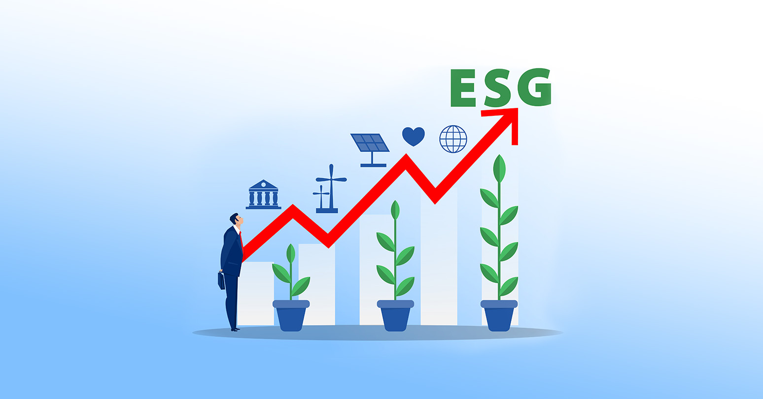 Illustration Of Man Standing Beside A Graph Going Up And The Letters ESG At The Top Banner