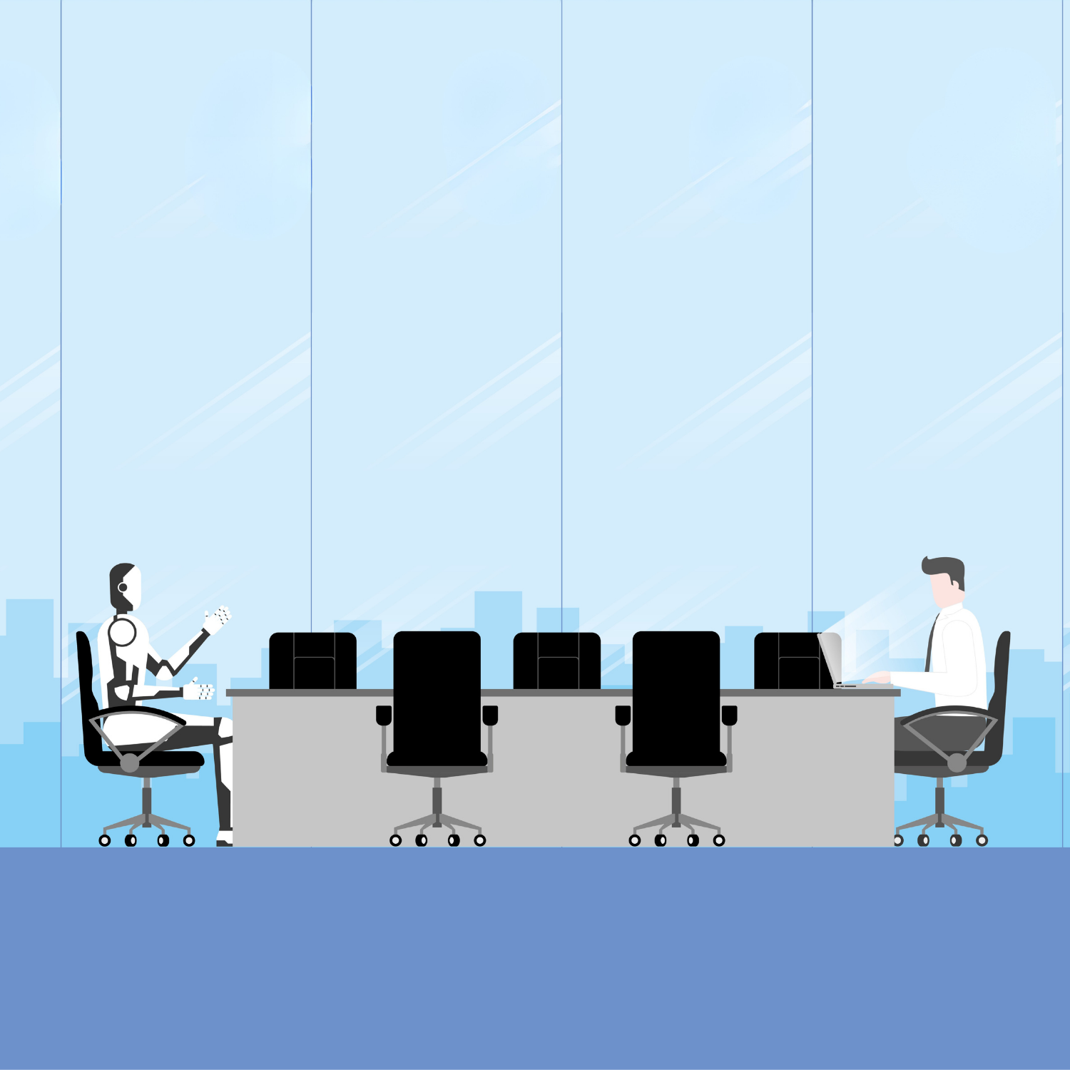 Robot And Human Seated At A Boardroom Table In A Modern Office