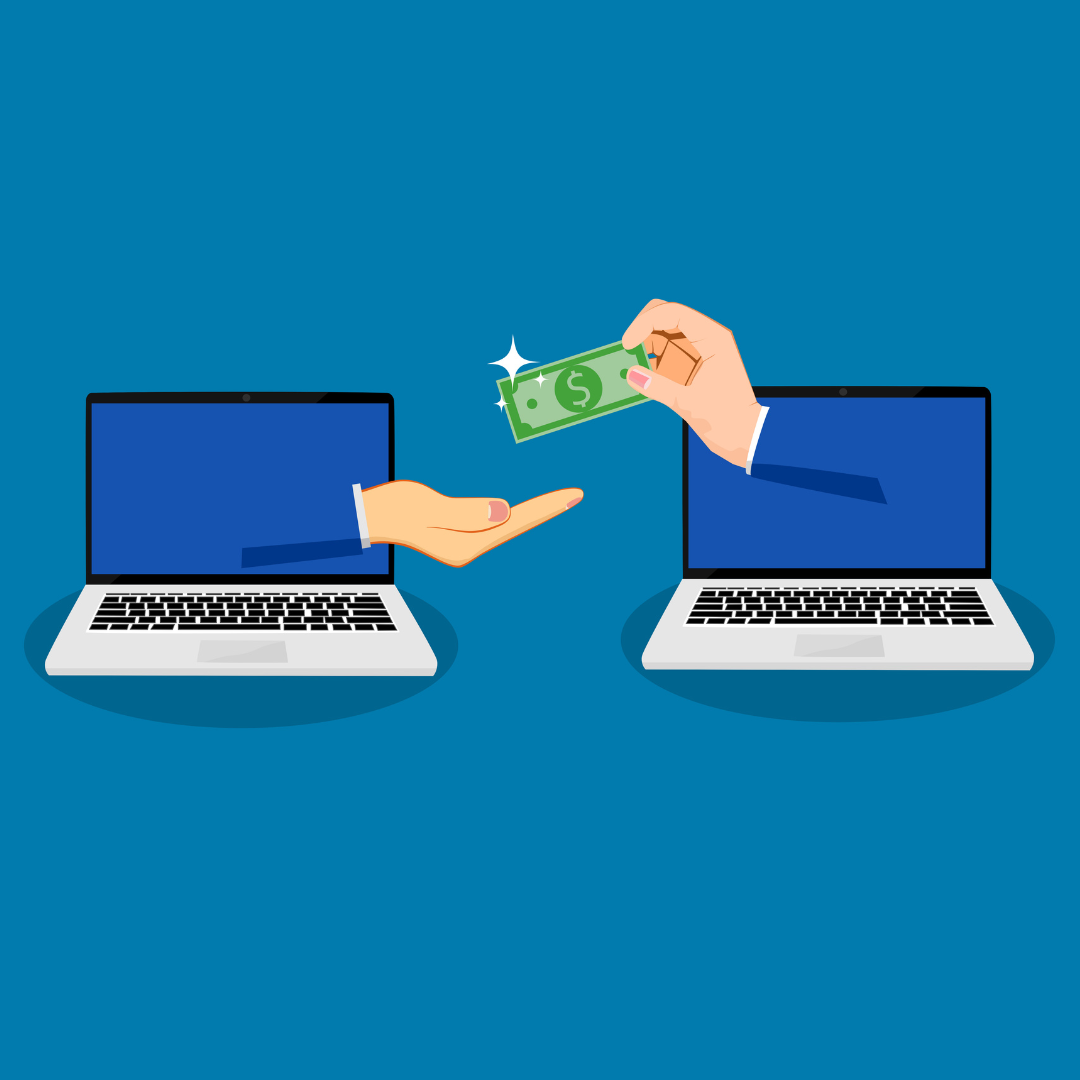 Illustration Of Two Laptops Exchanging Money, With Hands Passing A Dollar Bill Between Them