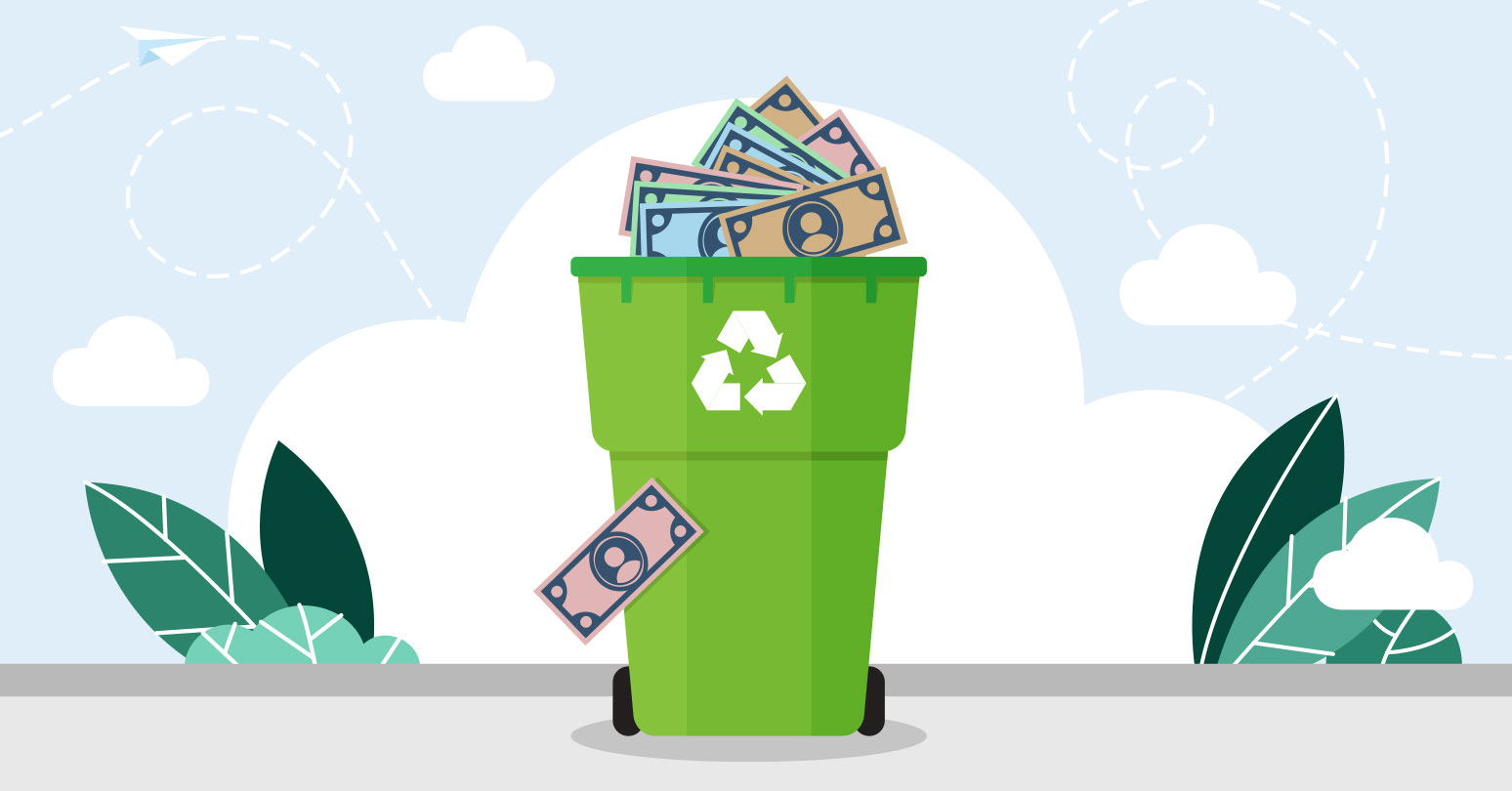 Illustration Of A Green Bin Filled With Canadian Currency.