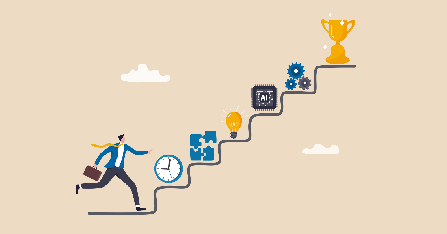 Illustration Of A Business Professional Running Up A Staircase Of Progress Icons Toward A Trophy