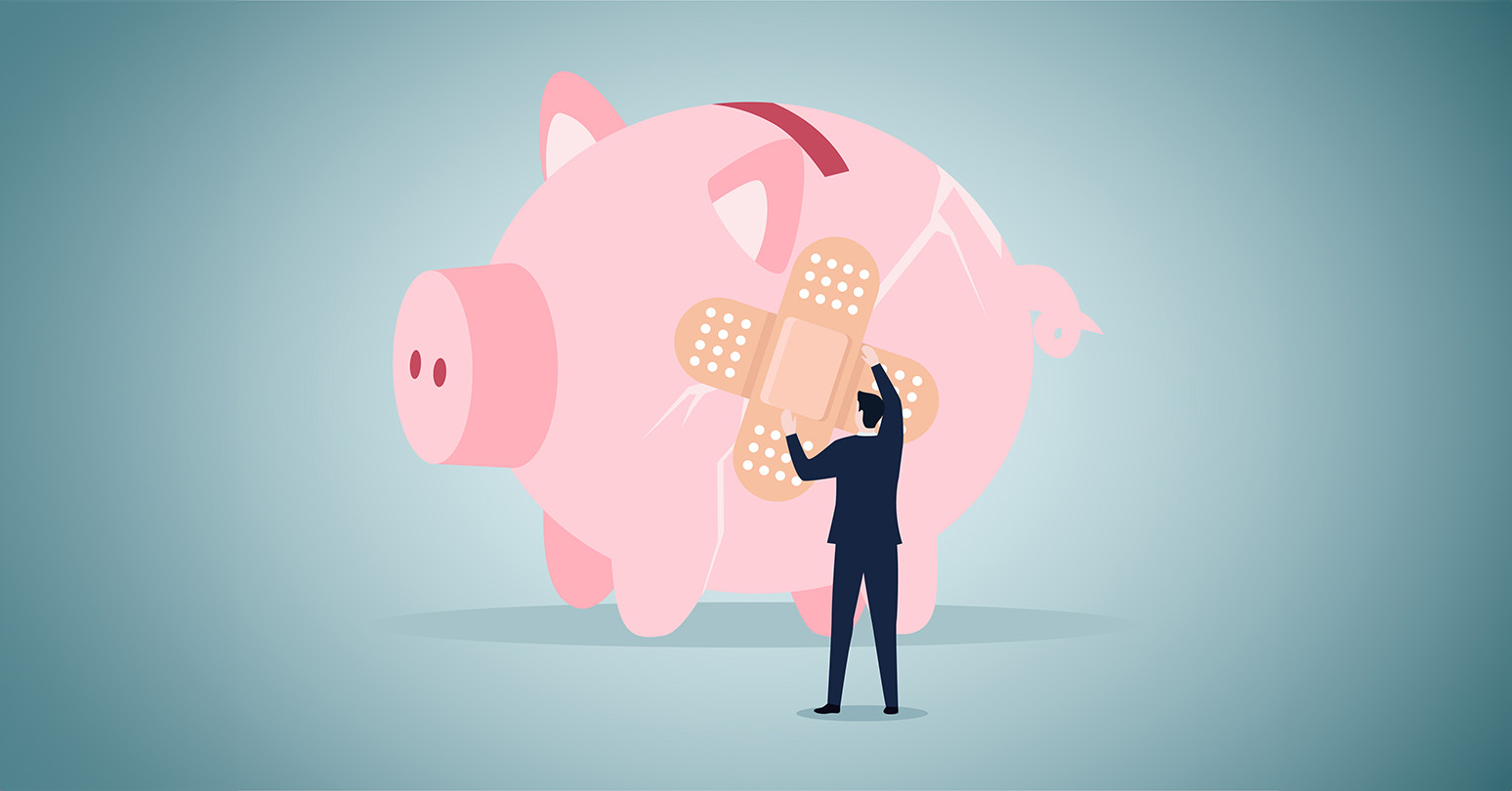 Graphic Of Individual Placing A Band Aid On Large Pink Piggy Bank