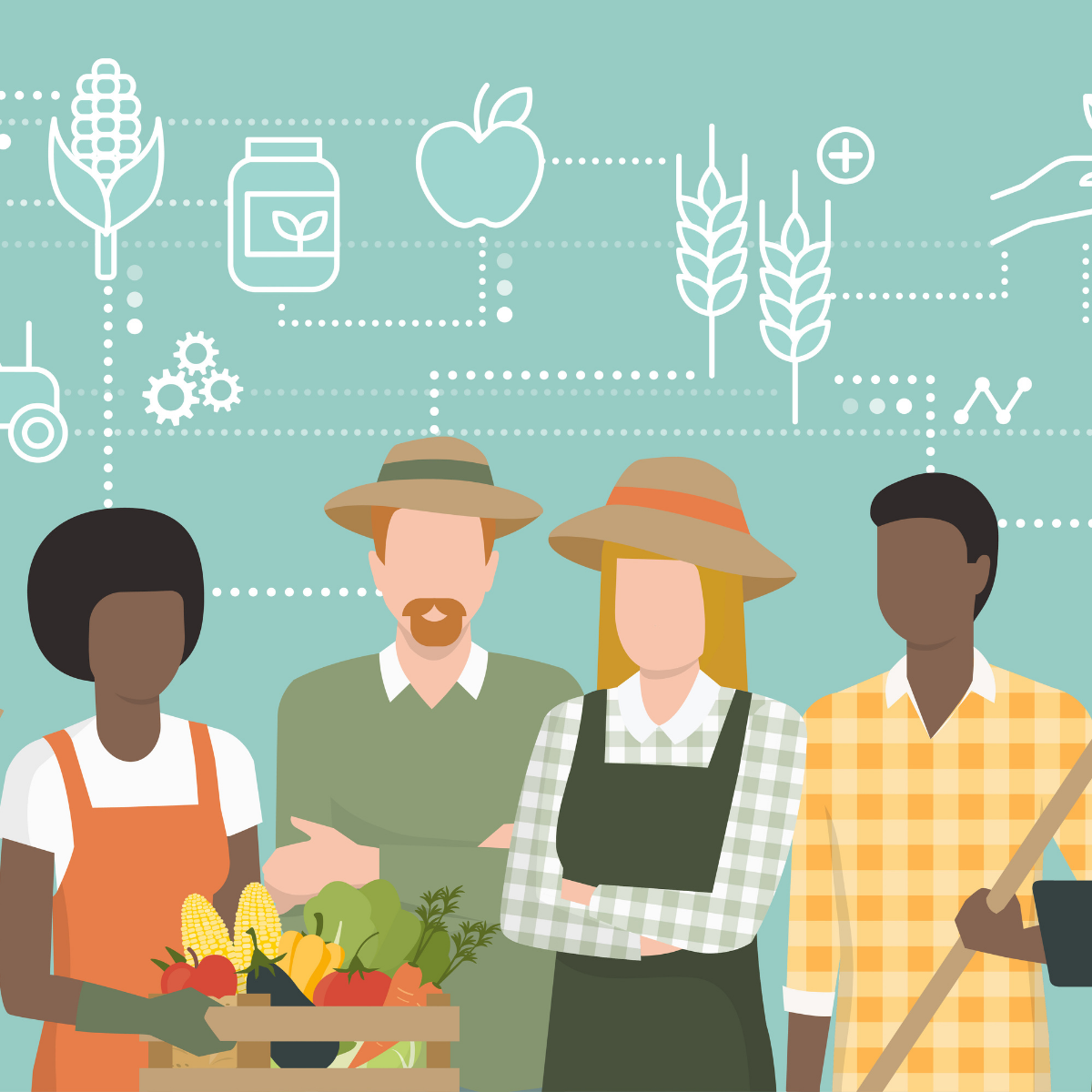 Illustration Of Diverse Farmers With Produce And Tools, With Agriculture Icons In The Background